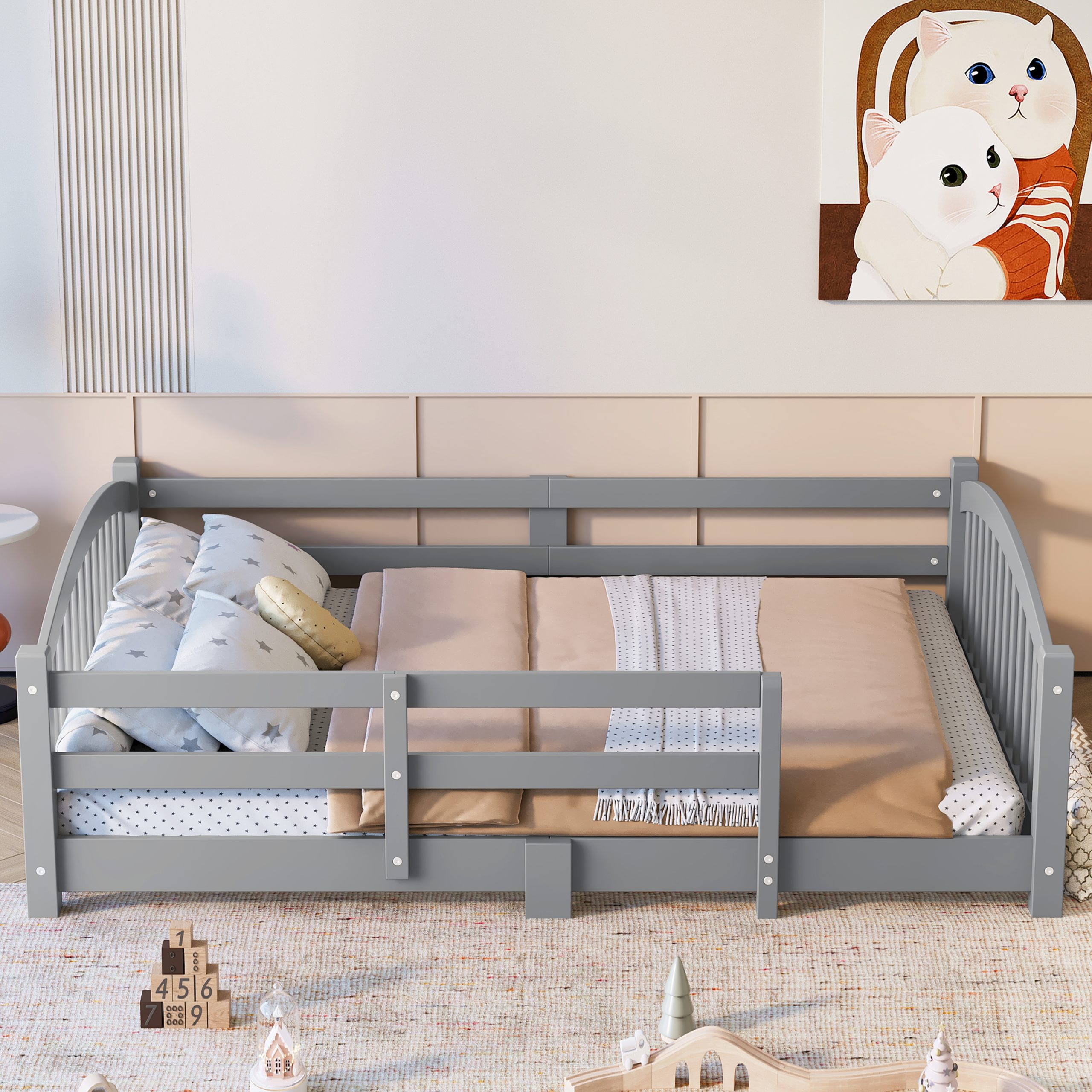 Full Montessori Floor Bed with Slats and Safety Guardrails