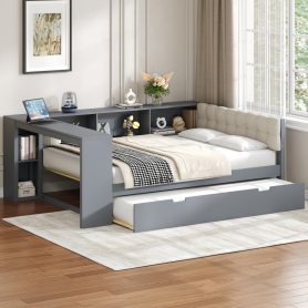 Wood Full Size Platform Bed with Storage Shelves, Trundle, Charging Station and Upholstered Headboard