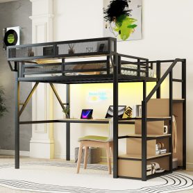 Full Loft Bed With Desk, Charging Station, Stairs And Light