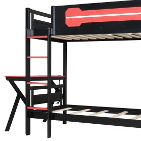 Twin Size Bunk Bed with Two Built-In Gaming Desks, USB Desktop Ports & Pegboard Organizer