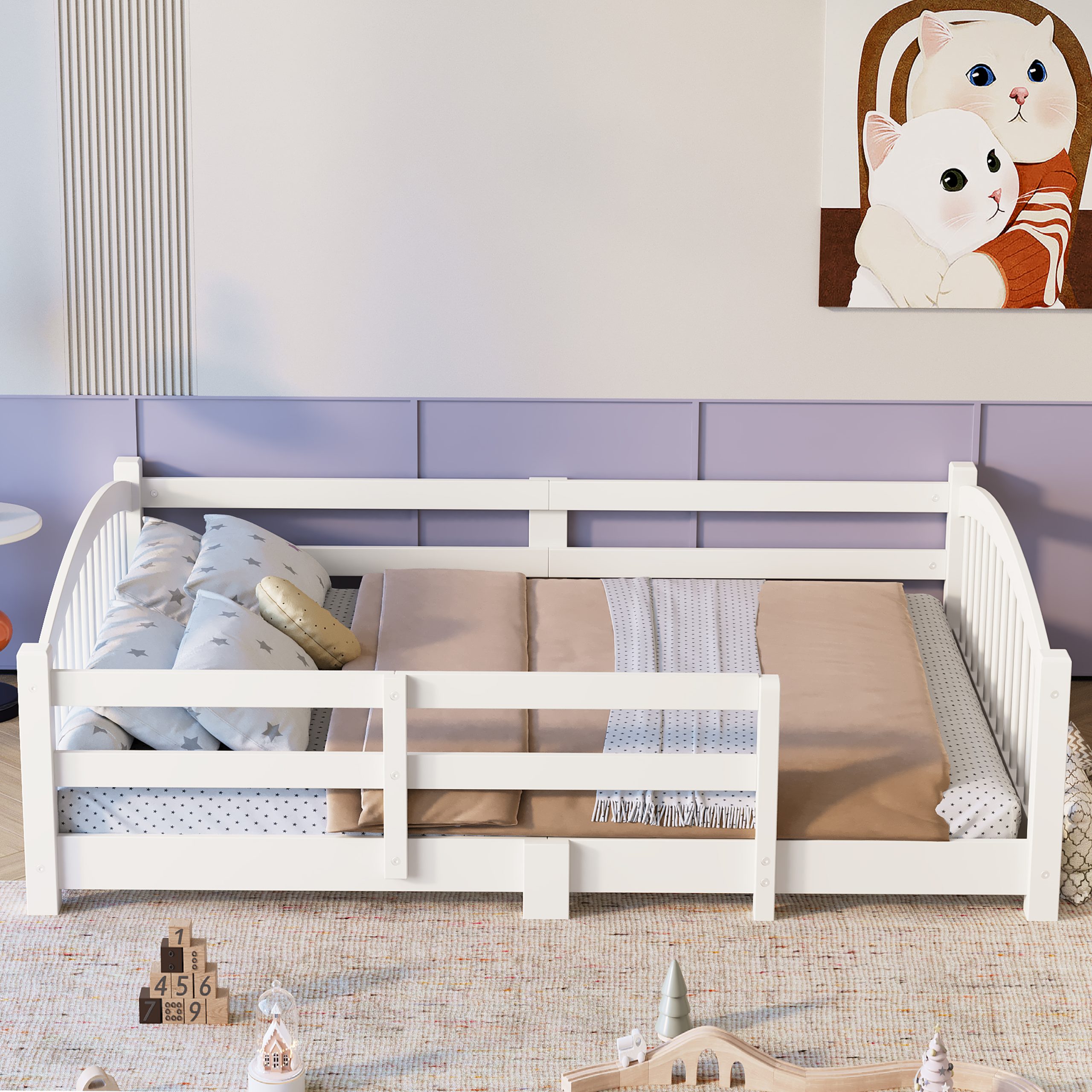 Full Montessori Floor Bed with Slats and Safety Guardrails