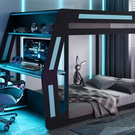 Full-Size Gaming Bunk Bed with Oversized RGB Desk, USB Charging Ports & Cable Grommet, LED Light Strip