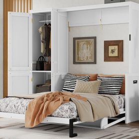 Home 37 Queen Size Wood Murphy Bed With Wardrobe, Desk, Gas Struts and Charging Station