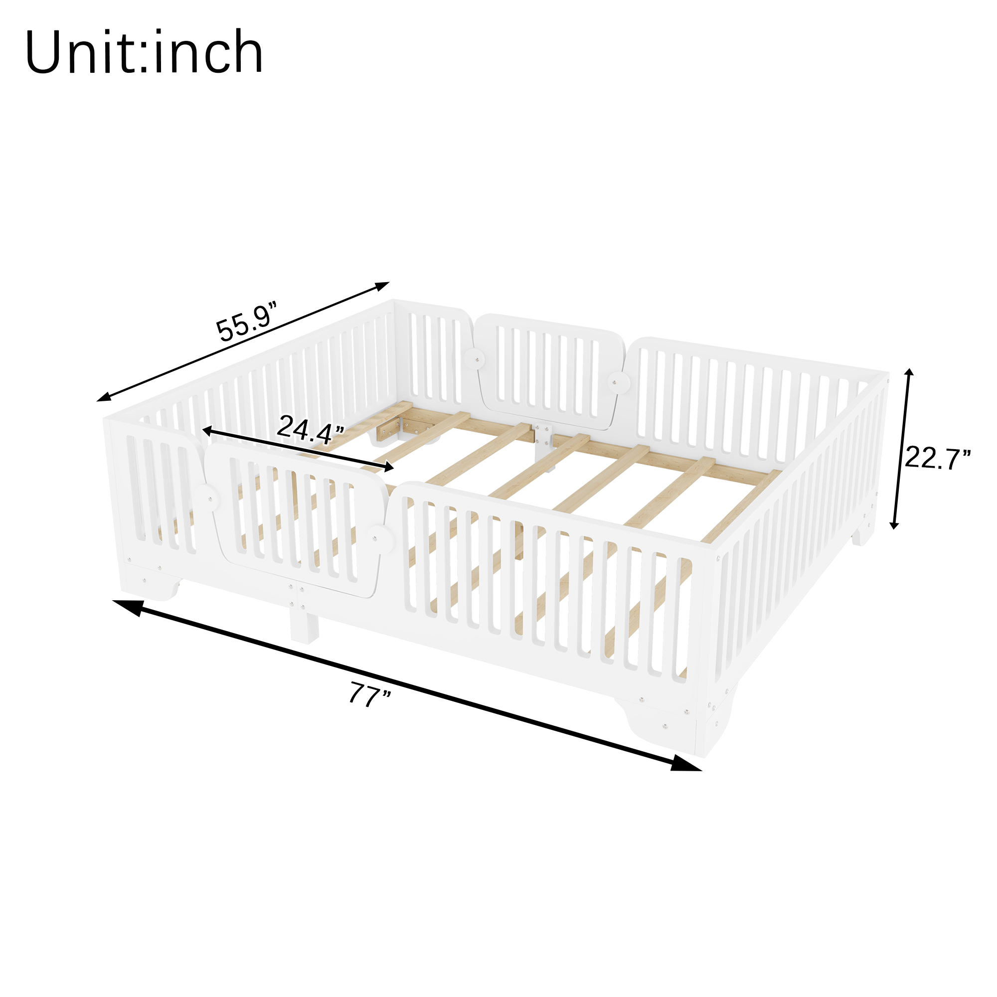 Full Floor Bed with Slats and Fence 16 Full Floor Bed with Slats and Fence