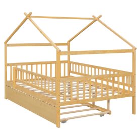 Full Size Wooden House Bed with Twin Size Trundle