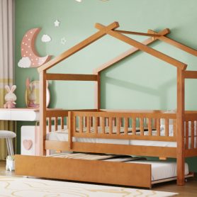 Wooden Twin Size House Bed With Twin Size Trundle