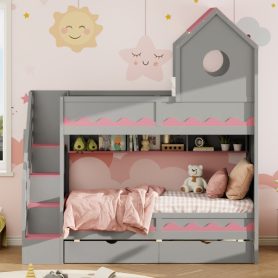 Twin Over Twin Bunk Bed With House Roof, Drawer, Staircase and LED