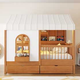 Full Size House Bed with 2 Large Drawers, Side Bookshelf with LED Strip