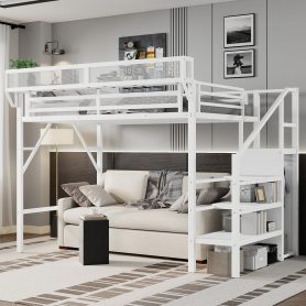 Home 35 Metal Twin Xl Size Loft Bed With Stairs, Storage Shelves and Wardrobe