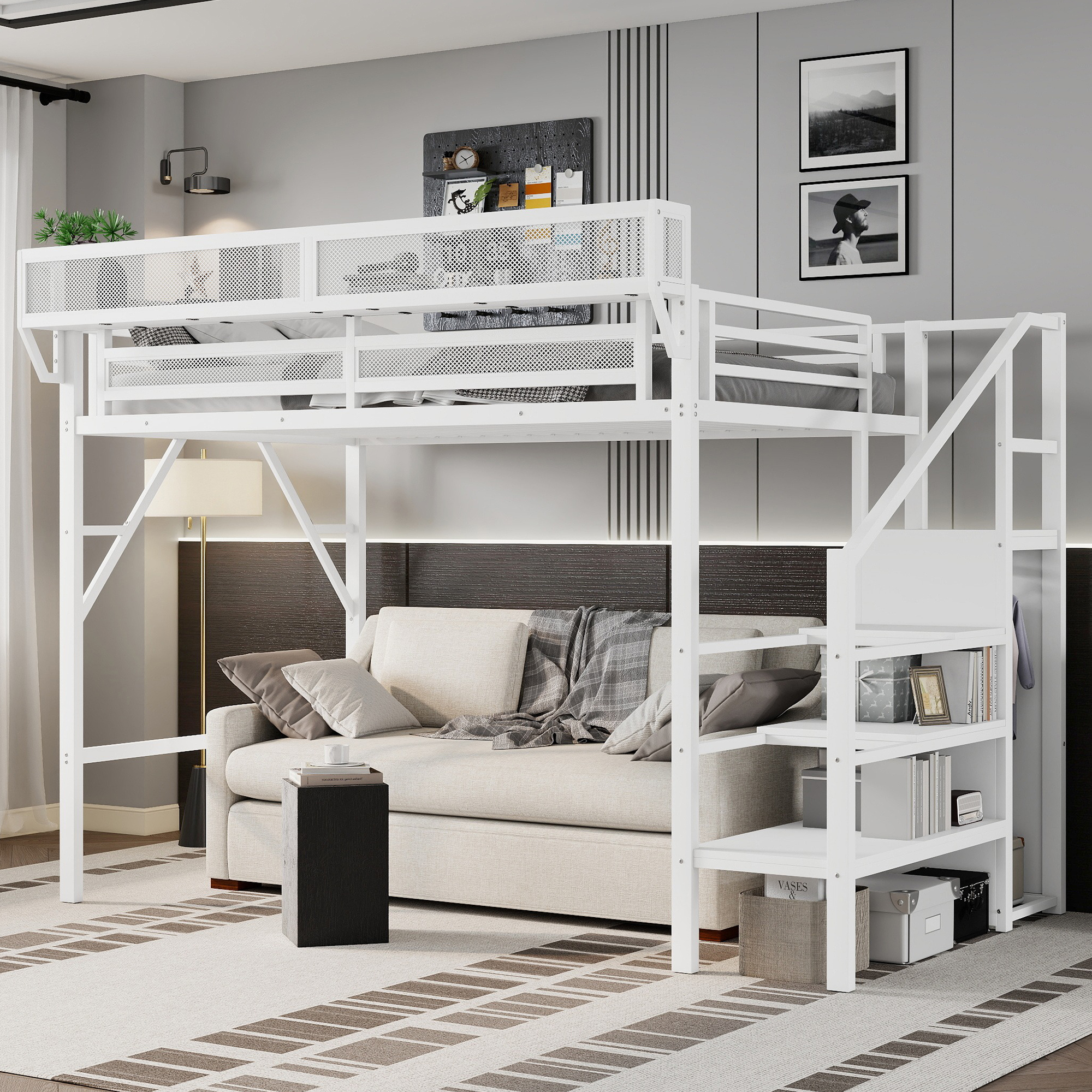 Metal Twin Xl Size Loft Bed With Stairs, Storage Shelves and Wardrobe 2 Metal Twin Xl Size Loft Bed With Stairs, Storage Shelves and Wardrobe