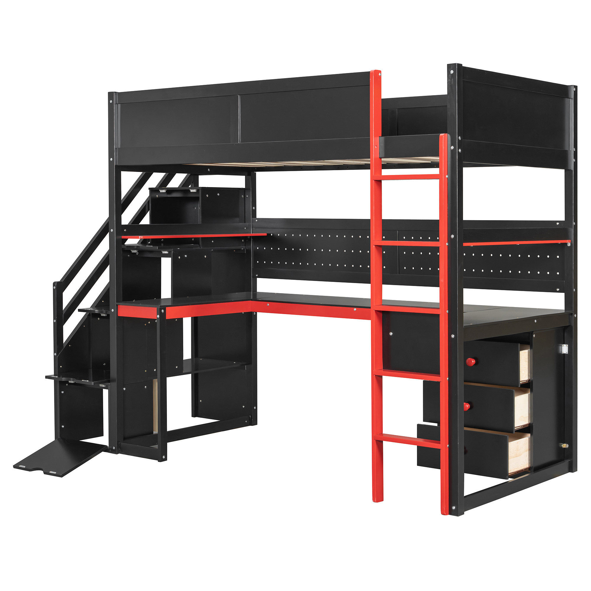 Twin Size Wooden Gaming Loft Bed with Storage Stairs, Desk, Shelves & Pegboard 18 Twin Size Wooden Gaming Loft Bed with Storage Stairs, Desk, Shelves & Pegboard