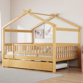 Full Size Wooden House Bed with Twin Size Trundle