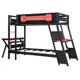Twin Size Bunk Bed with Two Built-In Gaming Desks, USB Desktop Ports & Pegboard Organizer