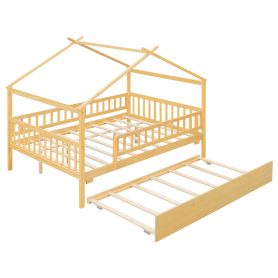 Full Size Wooden House Bed with Twin Size Trundle