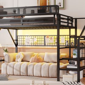 Metal Queen Size Loft Bed With Stairs, Light And Storage