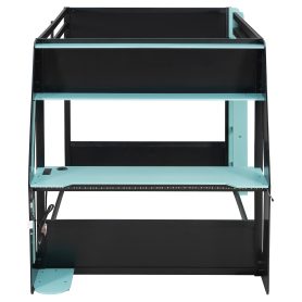 Full-Size Gaming Bunk Bed with Oversized RGB Desk, USB Charging Ports & Cable Grommet, LED Light Strip