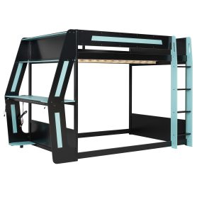 Full-Size Gaming Bunk Bed with Oversized RGB Desk, USB Charging Ports & Cable Grommet, LED Light Strip
