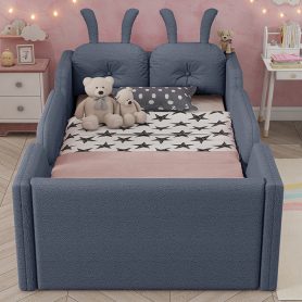 Twin Size Upholstered Platform Bed with Rabbit Cushion