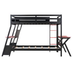 Twin Size Bunk Bed with Two Built-In Gaming Desks, USB Desktop Ports & Pegboard Organizer
