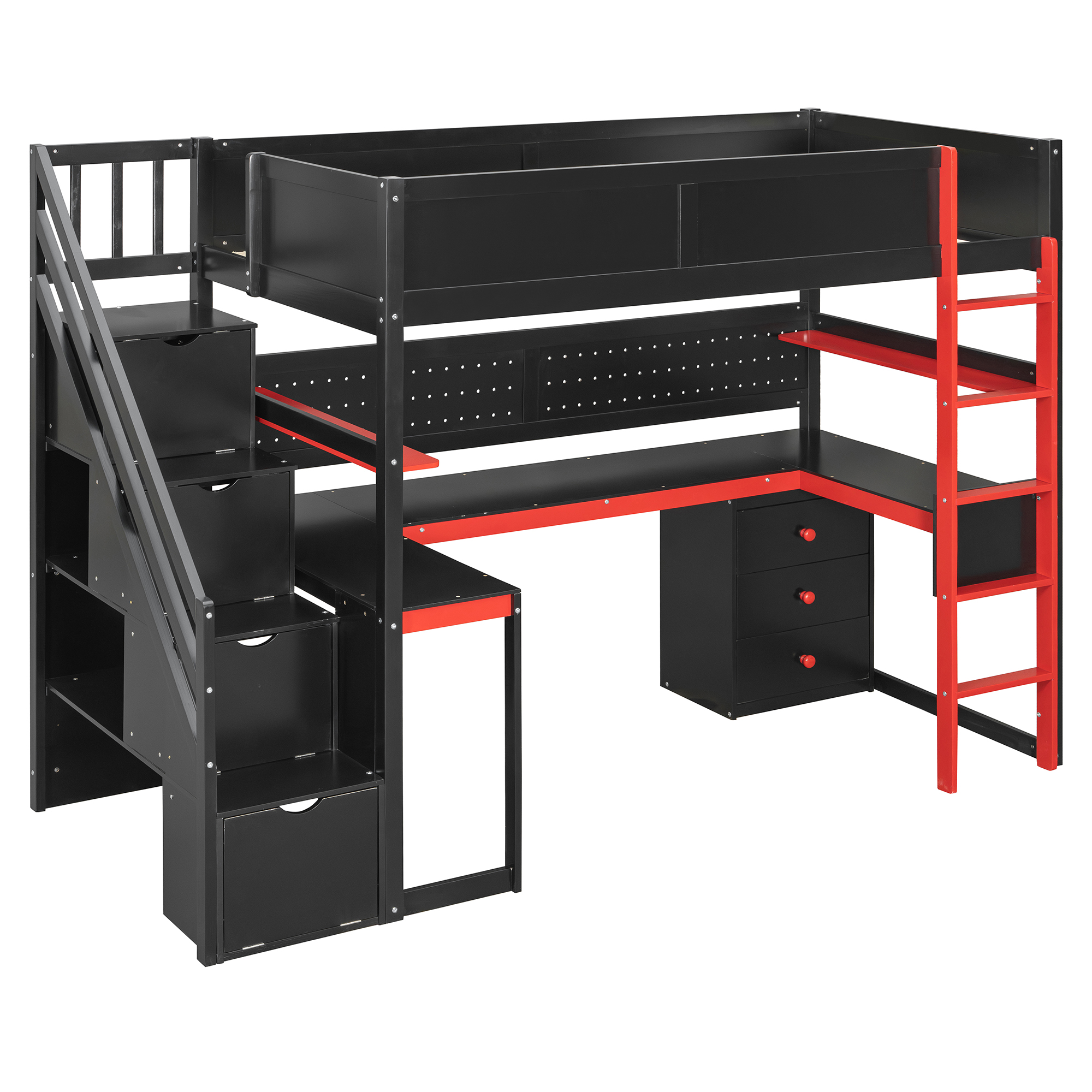 Twin Size Wooden Gaming Loft Bed with Storage Stairs, Desk, Shelves & Pegboard 5 Twin Size Wooden Gaming Loft Bed with Storage Stairs, Desk, Shelves & Pegboard