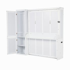 Queen Size Wood Murphy Bed With Wardrobe, Desk, Gas Struts and Charging Station