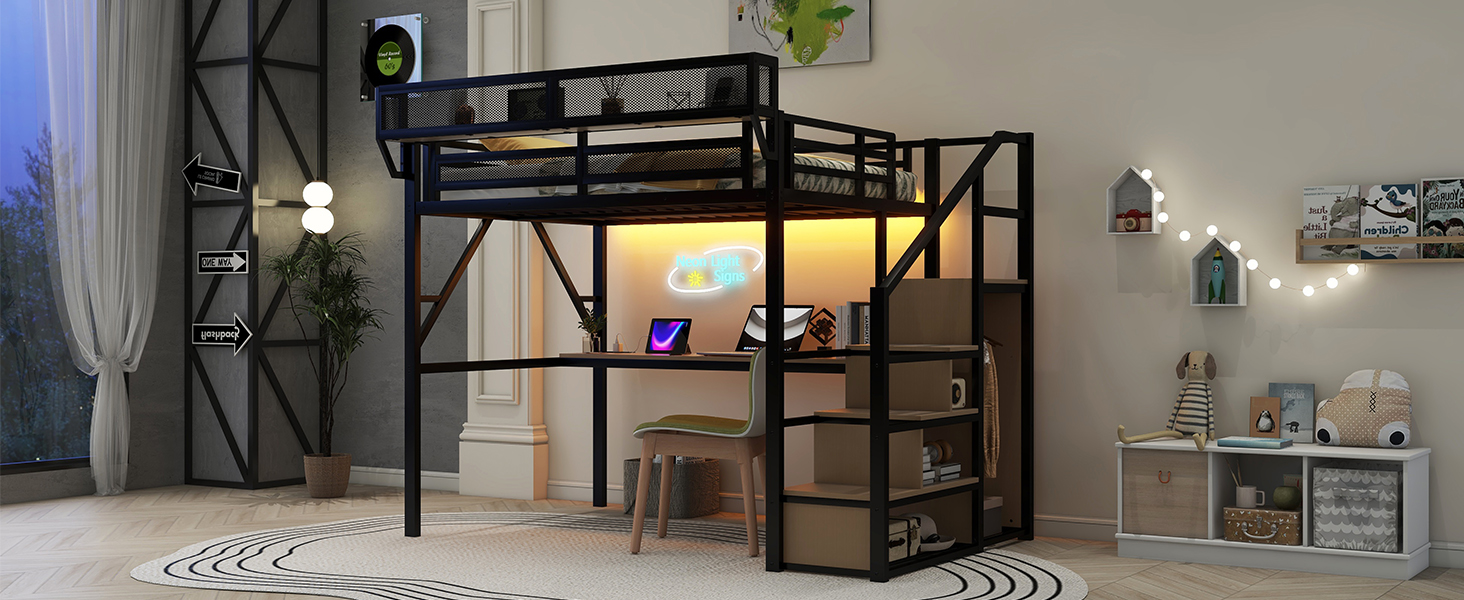 Full Loft Bed With Desk, Charging Station, Stairs And Light 21 Full Loft Bed With Desk, Charging Station, Stairs And Light