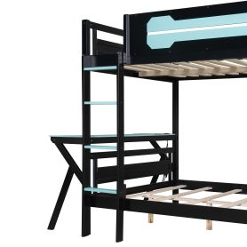 Full Size Bunk Bed with Two Built-In Gaming Desks, USB Desktop Ports & Pegboard Organizer