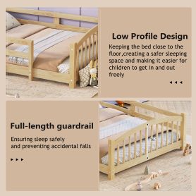 Full Montessori Floor Bed with Slats and Safety Guardrails