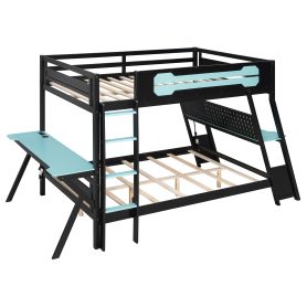 Full Size Bunk Bed with Two Built-In Gaming Desks, USB Desktop Ports & Pegboard Organizer