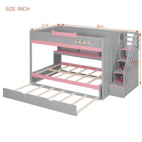Full Over Full Bunk Bed With Twin Size Trundle, Staircase, Shelves and LED