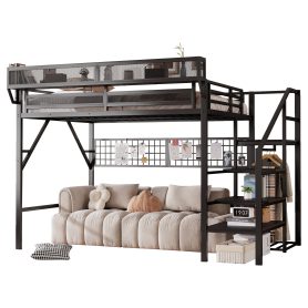 Metal Queen Size Loft Bed With Stairs, Light And Storage