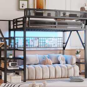 Metal Full Size Loft Bed With Stairs, Light And Storage