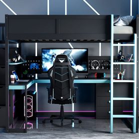 Full Size Wooden Gaming Loft Bed with Storage Stairs, Desk, Shelves & Pegboard