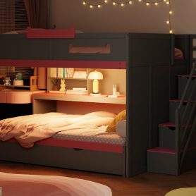Full Over Full Bunk Bed With Twin Size Trundle, Staircase, Shelves and LED