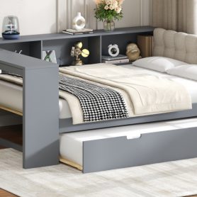 Wood Full Size Platform Bed with Storage Shelves, Trundle, Charging Station and Upholstered Headboard