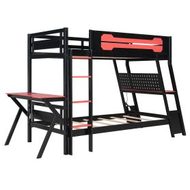 Twin Size Bunk Bed with Two Built-In Gaming Desks, USB Desktop Ports & Pegboard Organizer