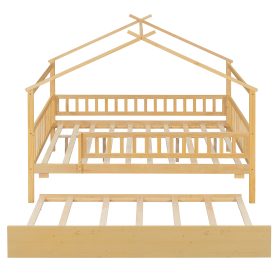 Full Size Wooden House Bed with Twin Size Trundle