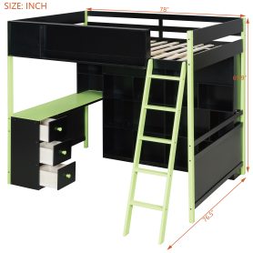 Full Size Wood Loft Bed with Desk, Ample Storage Space and Light