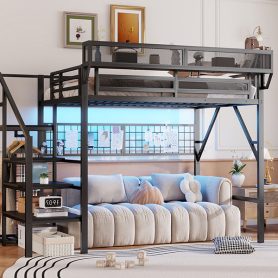 Metal Full Size Loft Bed With Stairs, Light And Storage
