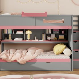 Full Over Full Bunk Bed With Twin Size Trundle, Staircase, Shelves and LED