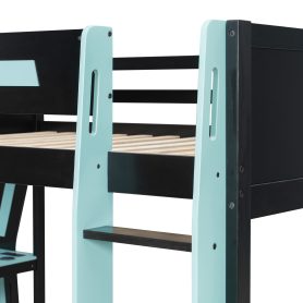 Full-Size Gaming Bunk Bed with Oversized RGB Desk, USB Charging Ports & Cable Grommet, LED Light Strip