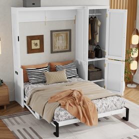 Queen Size Wood Murphy Bed With Wardrobe, Desk, Gas Struts and Charging Station