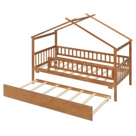 Wooden Twin Size House Bed With Twin Size Trundle