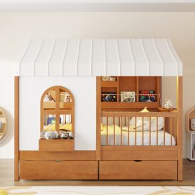 Full Size House Bed with 2 Large Drawers, Side Bookshelf with LED Strip