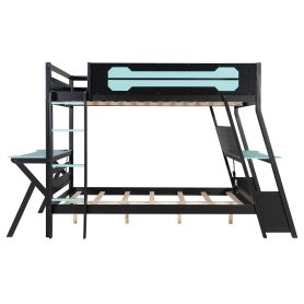 Full Size Bunk Bed with Two Built-In Gaming Desks, USB Desktop Ports & Pegboard Organizer
