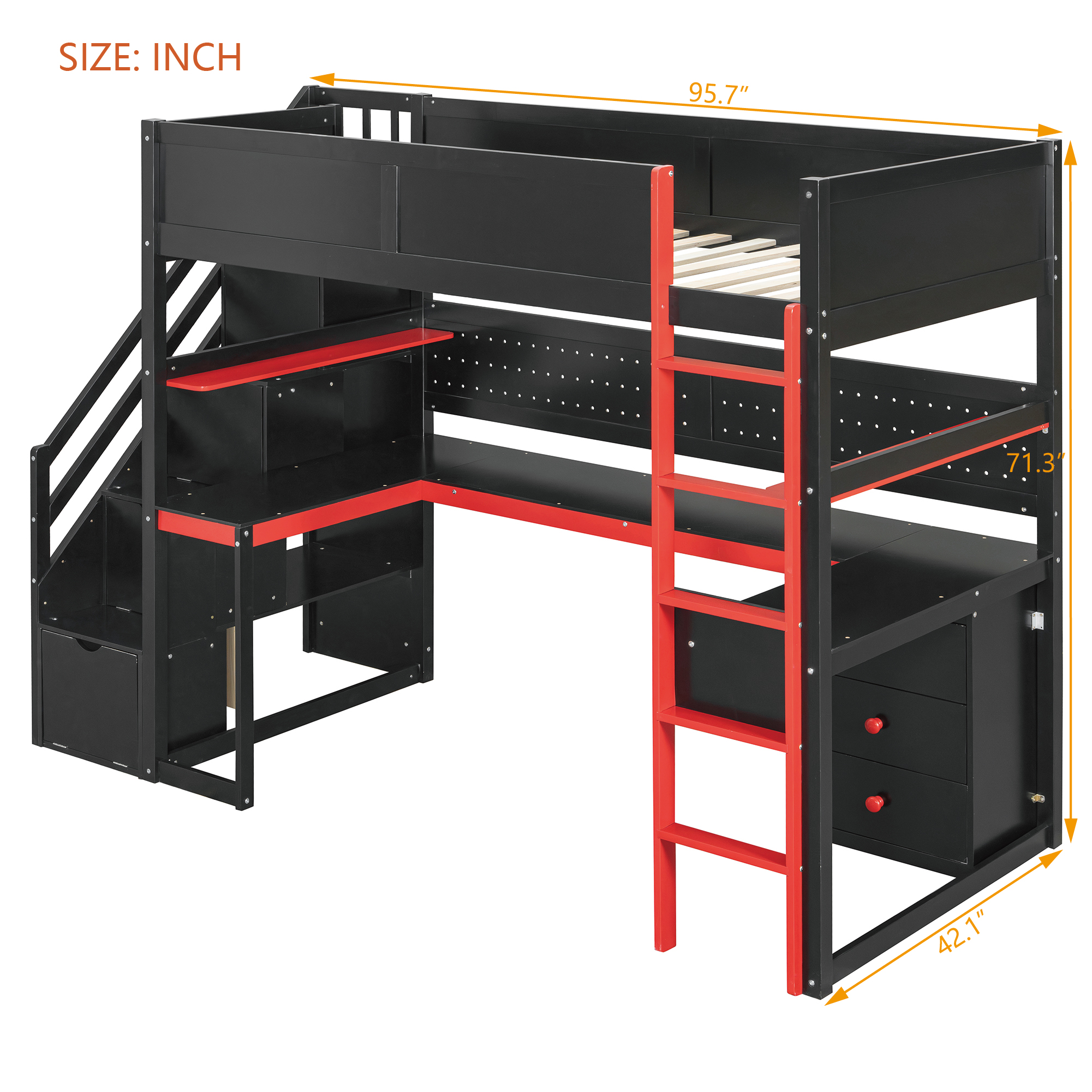 Twin Size Wooden Gaming Loft Bed with Storage Stairs, Desk, Shelves & Pegboard 8 Twin Size Wooden Gaming Loft Bed with Storage Stairs, Desk, Shelves & Pegboard