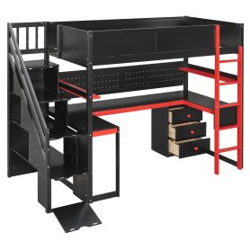 Twin Size Wooden Gaming Loft Bed with Storage Stairs, Desk, Shelves & Pegboard 34 Twin Size Wooden Gaming Loft Bed with Storage Stairs, Desk, Shelves & Pegboard