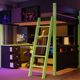 Full Size Wood Loft Bed with Desk, Ample Storage Space and Light