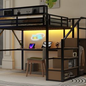Queen Size Metal Loft Bed with Desk, Charging Station, Stairs and Light 39 Queen Size Metal Loft Bed with Desk, Charging Station, Stairs and Light