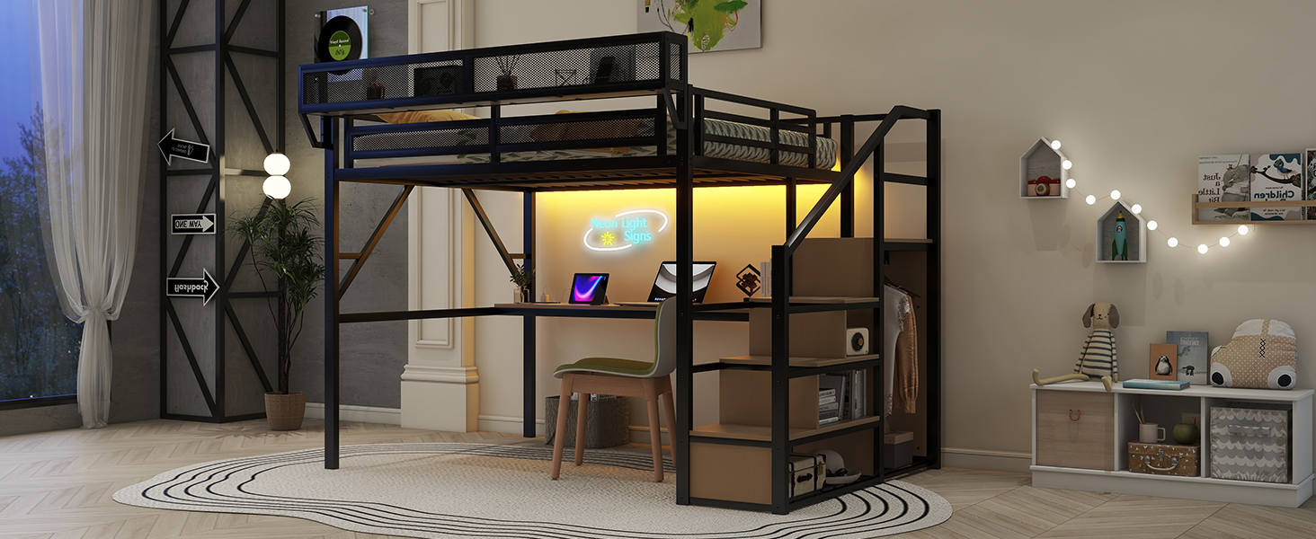 Queen Size Metal Loft Bed with Desk, Charging Station, Stairs and Light 20 Queen Size Metal Loft Bed with Desk, Charging Station, Stairs and Light